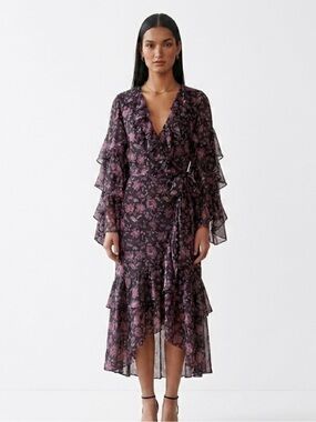 amur kiko floral tiered silk dress AMUR | Dresses | New Amur Kiko Floral Tiered Silk Dress In Navy Garden
